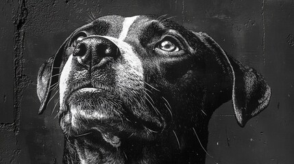 Obraz premium A striking black and white mural of a dog gazing upward on an urban wall