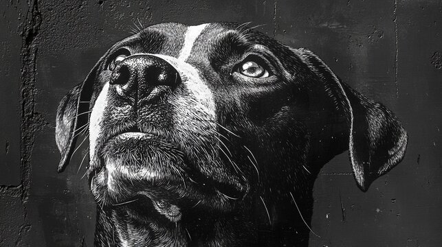 A striking black and white mural of a dog gazing upward on an urban wall
