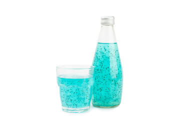 Diet detox cocktail with basil and chia seeds in glass jar and glass isolated on white background....