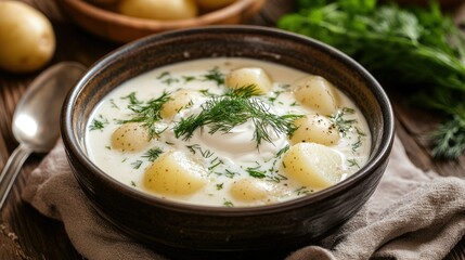 Creamy Soup with Potatoes and Fresh Herbs in Bowl