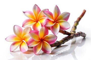 Tropical frangipani branch with flowers reflected on white background