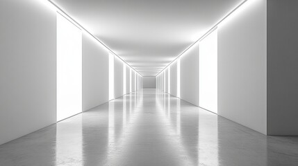 Obraz premium Modern minimalist corridor with bright lights and reflective floor in a contemporary building
