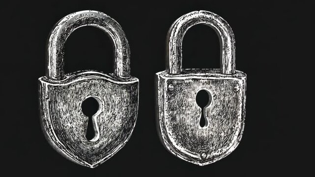 Two vintage padlocks are shown on a black background