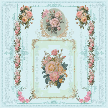 Fototapeta  Vintage Victorian shabby chic pastel blue decorative wallpaper. Retro pastel color floral design. Baroque mural illustration