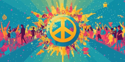 A peace sign on Earth, surrounded by silhouettes.