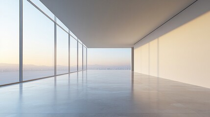 Obraz premium Modern empty interior space with large windows capturing soft evening light in a serene setting