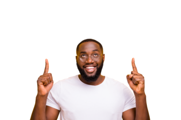 Photo of cheerful joyful rejoicing afro american man hinting you that there is something interesting above while isolated with vivid background