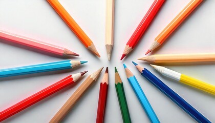 Naklejka premium Vibrant Colored Pencils Arrangement on White Background - Creative Art Supplies Concept