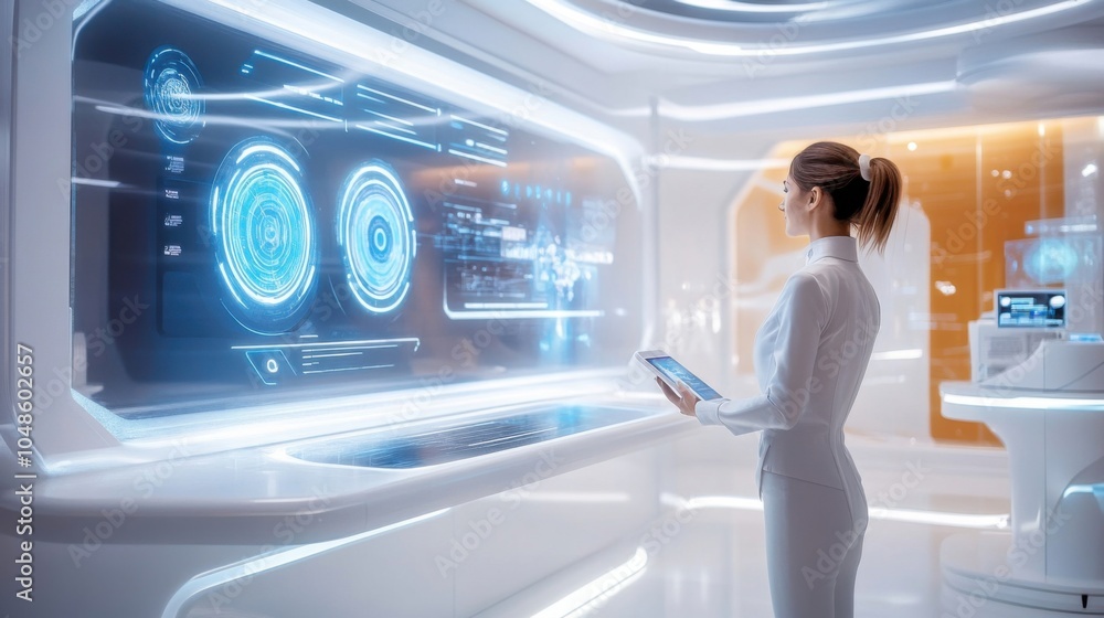 Poster futuristic ai customer service center featuring interactive holograms for enhanced support