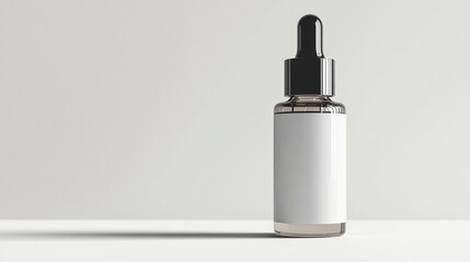 Minimalist dropper bottle with empty label on a sleek countertop in soft natural light