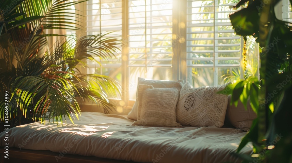 Poster sunlight streams in through the window illuminating a serene nook nestled a leafy palm trees and han