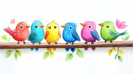 A simple drawing of cute birds for kids, with small round bodies, short wings, and bright beaks. The birds are perched on a branch, with minimal details for easy coloring and fun!