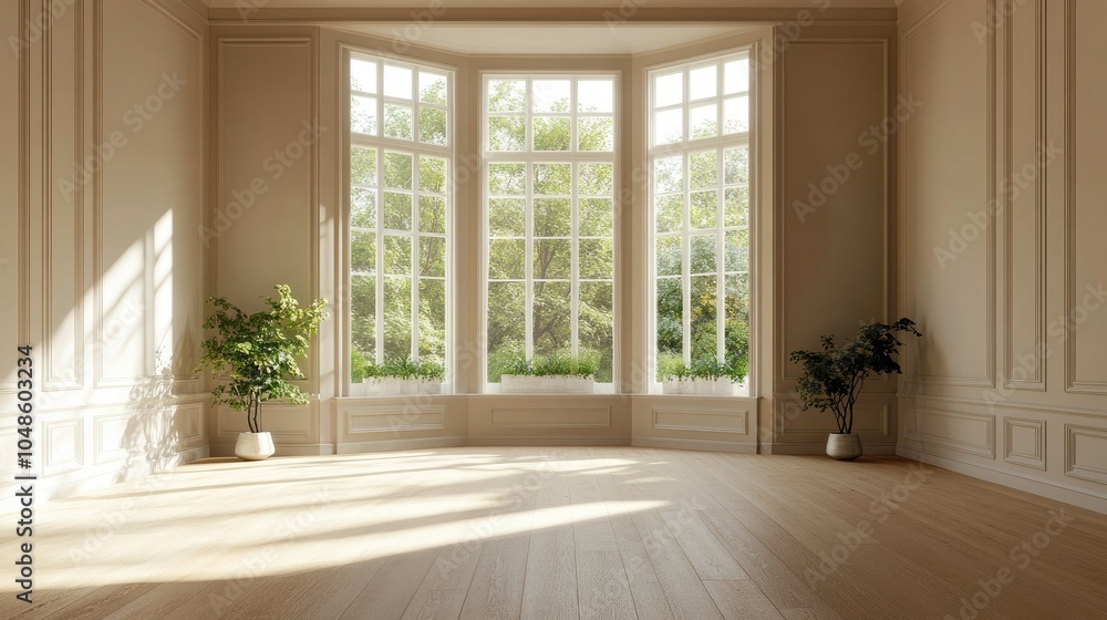 Poster bright and spacious empty room with large windows