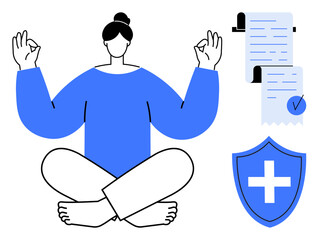 A person sits cross-legged in a meditative pose with a calm expression. Visible are insurance-related documents and a shield symbol with a cross. Ideal for mindfulness, wellness, insurance, health