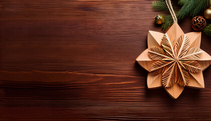Fototapeta premium Natural Christmas decoration is a wooden ornament for a wide banner with copyspace in a hor_1(453)