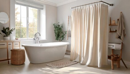 white bathroom with shower curtain hanging before bath natural tones