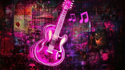 Neon sign of guitars and musical notes, glowing against a collage of old concert posters, celebrating music's legacy.