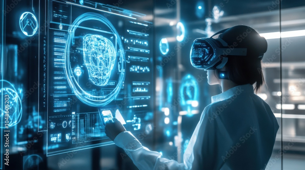 Poster futuristic ai customer service center featuring interactive holograms for enhanced support