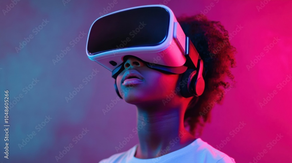 Poster black child engaged with 3d vr goggles demonstrating the ai generation process