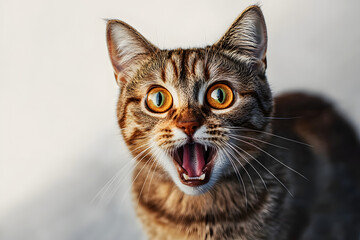 Angry and surprised cat isolated on transparent png background with a funny and excited expression.