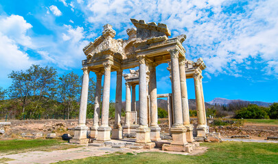 Aphrodisias Ancient city (Afrodisias) in Turkey. The ruins of The Tetrapylon, Monumental Gate. The...
