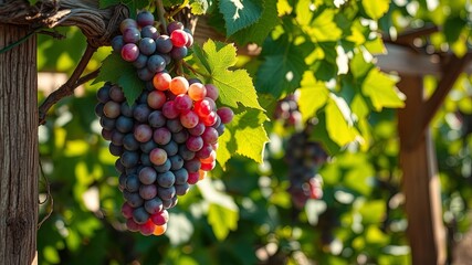A cluster of ripe grapes hangs from a vine, bathed in warm sunlight, against a backdrop of lush, green foliage.