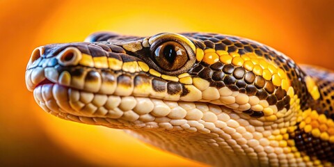 Obraz premium Close-Up of a Wild Python Snake Head with Scales in Nature Against a Bright Yellow Background - Stunning Tilt-Shift Photography of Serpent with Detailed Texture and Vivid Colors