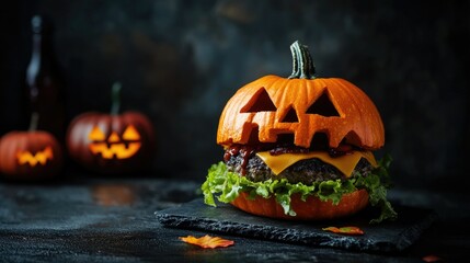 Halloween Themed Burger Inside a Pumpkin