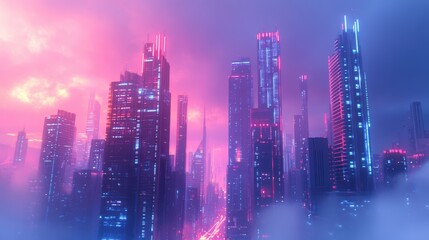 Fototapeta premium Neon-lit cityscape with pink and blue hues.