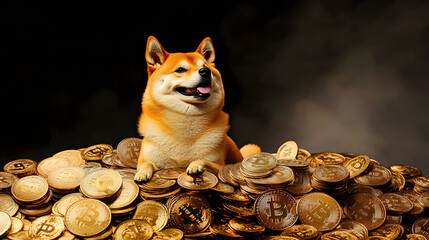 doge cryptocurrency meme dog sitting on pile of coins humorous financial concept