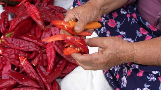 Cutting red pepper for drying close-up