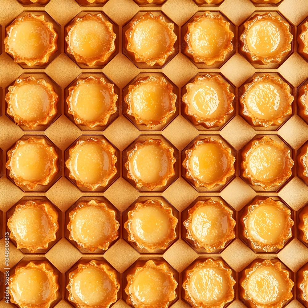 Poster mini egg tart desserts in repetitive hexagonal pattern with warm golden crusts