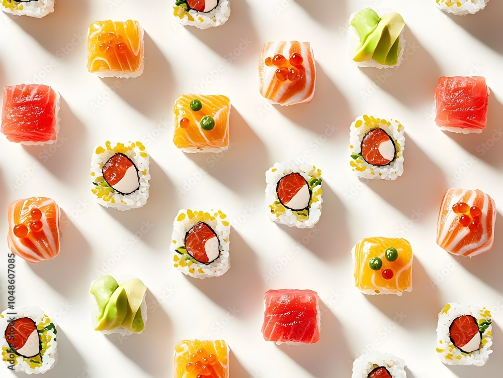 Poster vibrant 3d mini sushi rolls arranged in an intricate geometric pattern on a crisp white background w