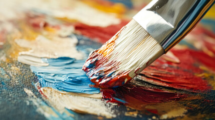 Fototapeta premium Close-up of paintbrush mixing colorful oil paints on canvas for creative art background