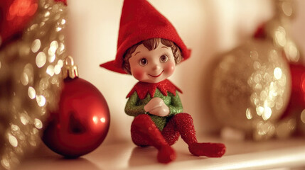 Festive elf figurine with red hat and christmas ornaments in cozy holiday setting