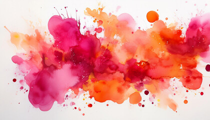 Abstract painting with bright red, pink and orange watercolor paint blots on white
