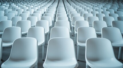 Fototapeta premium Empty Rows of White Chairs in a Spacious Hall
