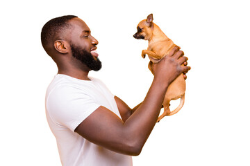 Profile photo of dark skin guy talking to lovely little pet wear casual outfit isolated yellow background
