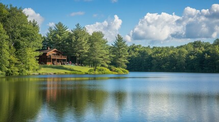 Obraz premium Lake cabin with green trees and blue sky.