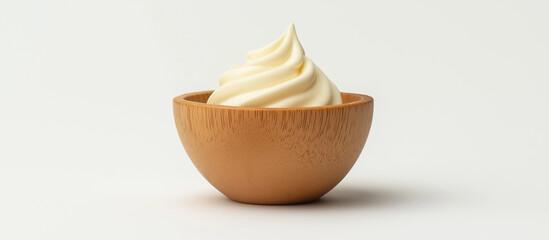 Sour cream in a wooden bowl, placed against a simple white background, highlighting the smooth, creamy texture contrasted with the natural wood grain