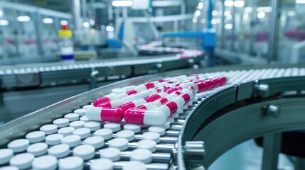 Obraz premium Pink and White Pills Moving on Conveyor Belt in Pharmaceutical Factory