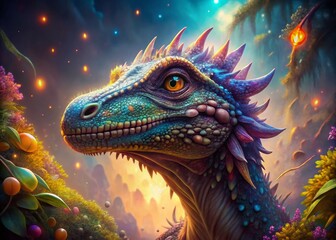 Obraz premium Enchanting Portrait of a Magical Dinosaur in a Fantasy Realm with Vivid Colors and Intricate Details