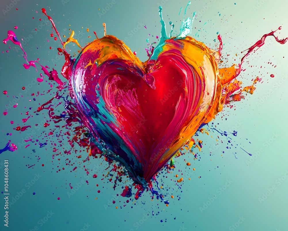 Poster vibrant abstract heart in a splash of colorful paint with dynamic motion