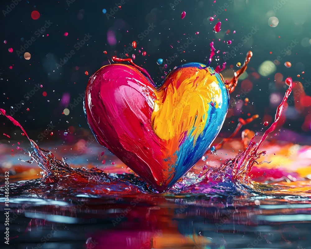 Poster vibrant abstract heart in splashing paint with dynamic motion and expression