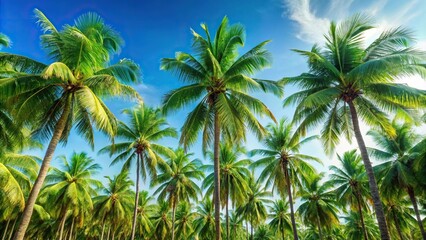 Fototapeta premium Tropical green palm trees isolated against clear blue sky background reflected