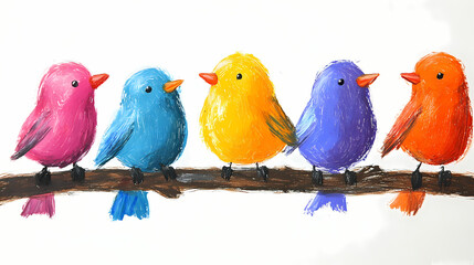 Naklejka premium A simple drawing of cute birds for kids, with small round bodies, short wings, and bright beaks. The birds are perched on a branch, with minimal details for easy coloring and fun!