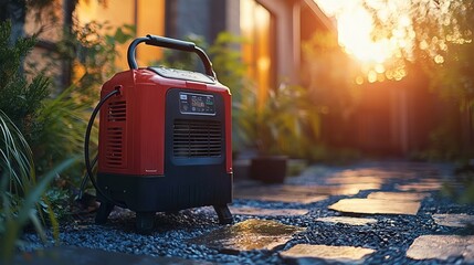 Portable Generator at Sunset on Garden Pathway