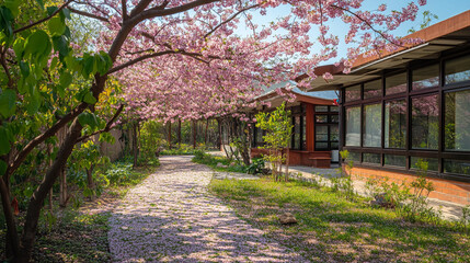 Cherry blossom pathway in a serene garden setting during springtime