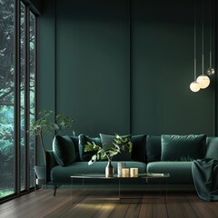 Modern living room interior design with a green velvet sofa. glass coffee table. and green wall