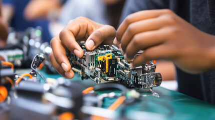 Hands assembling circuit board in technology workshop for innovative electronics project